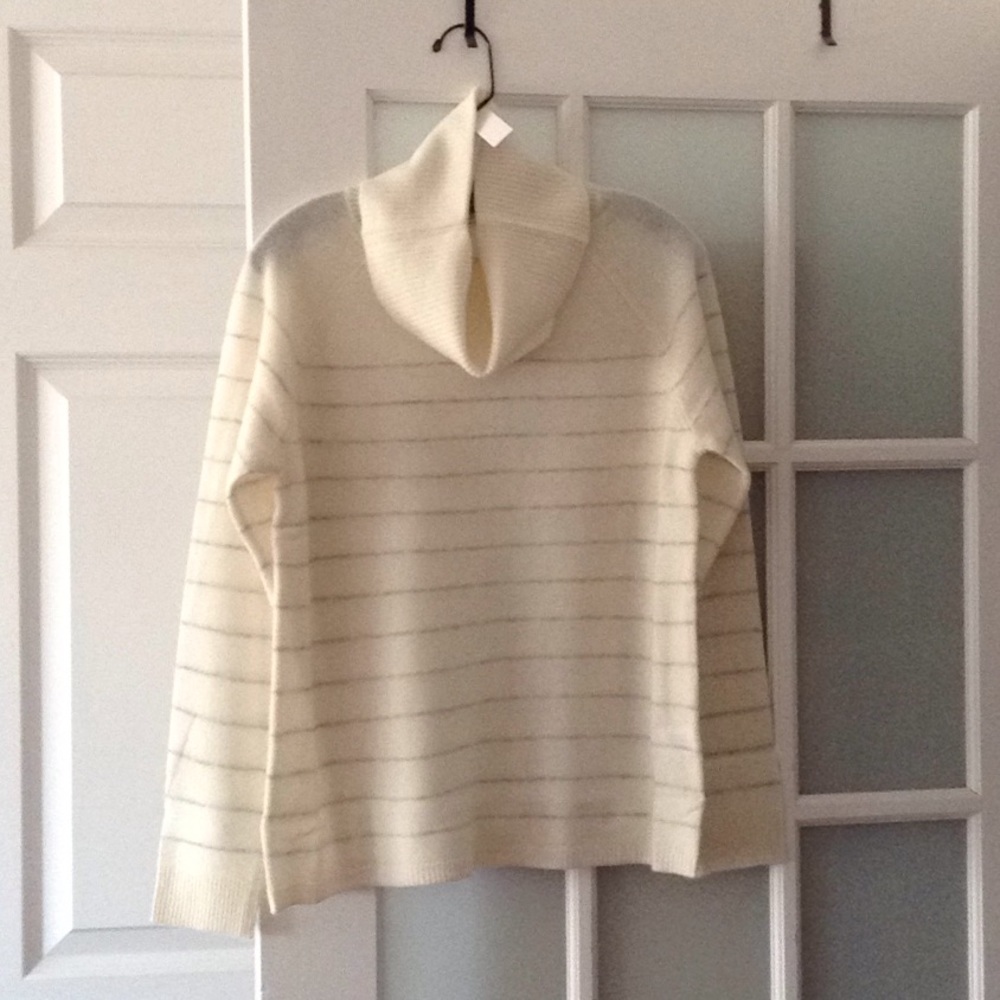 IvoryStripe Long Sleeve Cowl Neck Cashmere Sweater